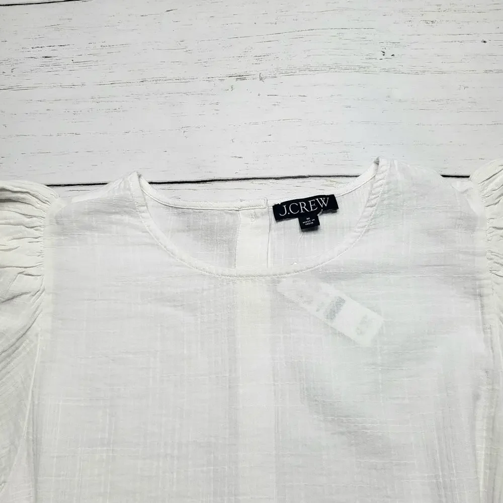 J Crew Short Puff Sleeve Back Button White Cotton Top Cotton Minimalist Medium